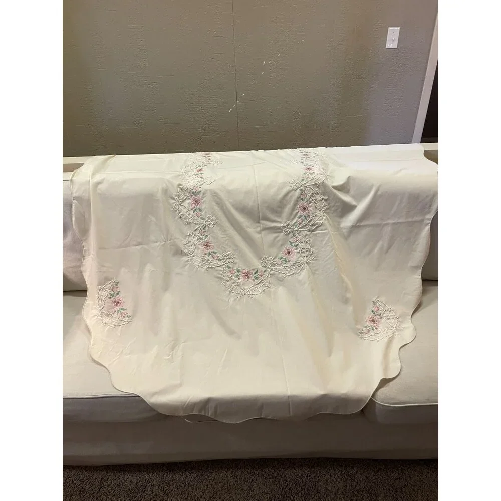 Vintage Cross Stitch Tablecloth Used Beige Mauve Green Pink